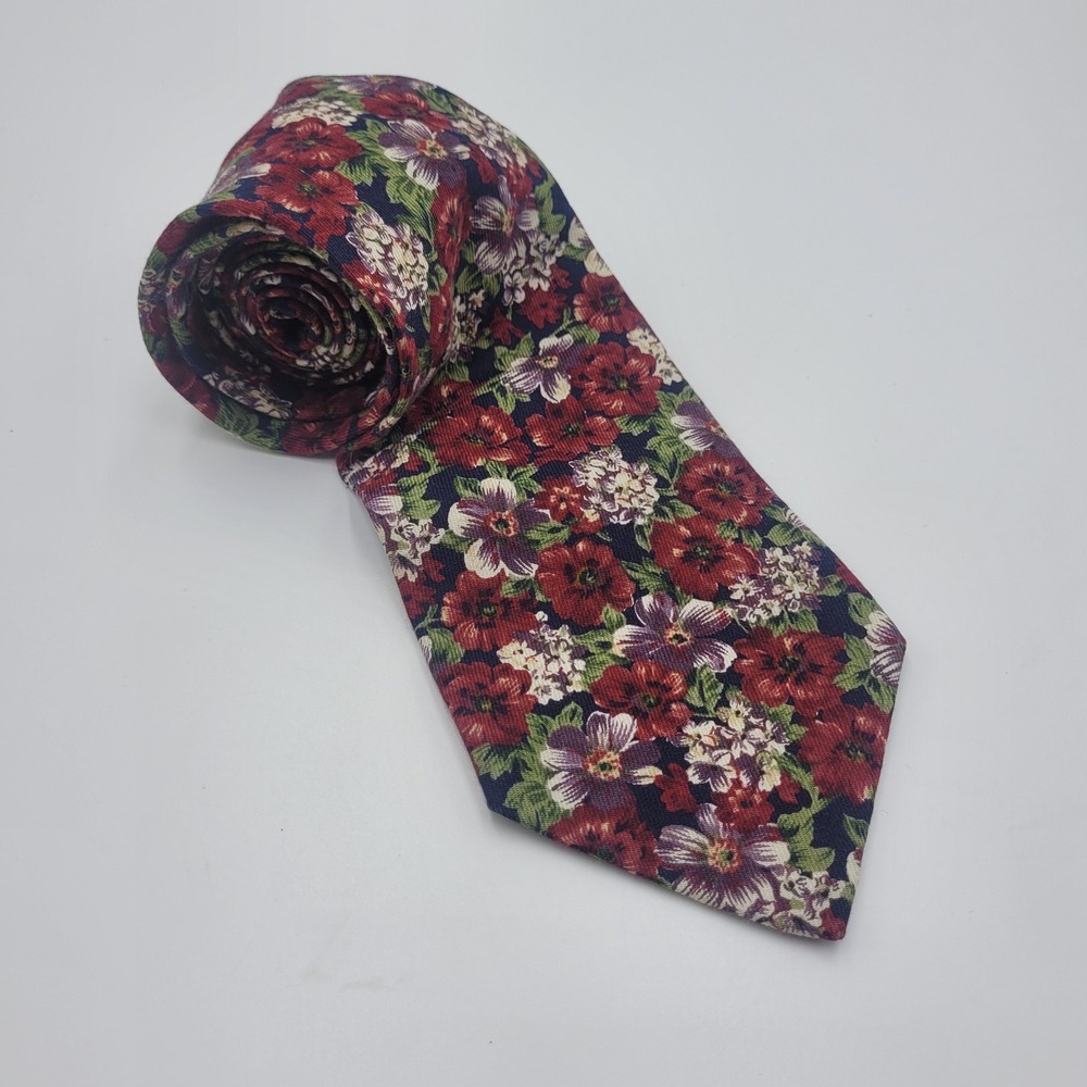 Brooks Brothers Men Floral Cotton Necktie Burgundy Navy Blue Made in USA Classic